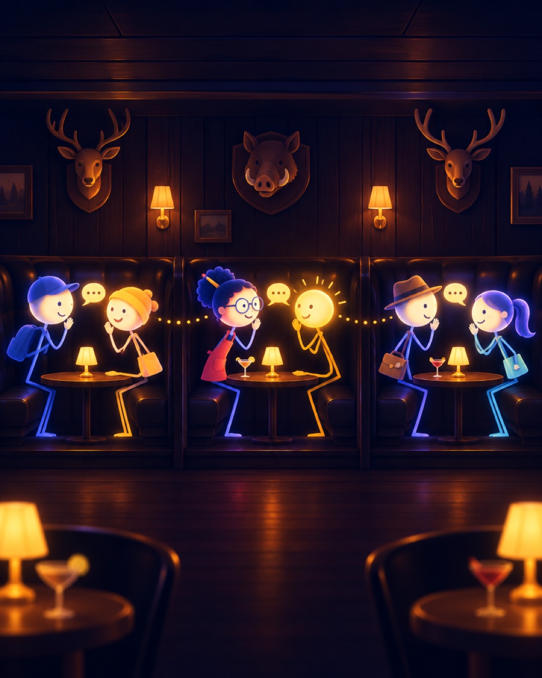 A dim hidden bar with leather booths and people whispering