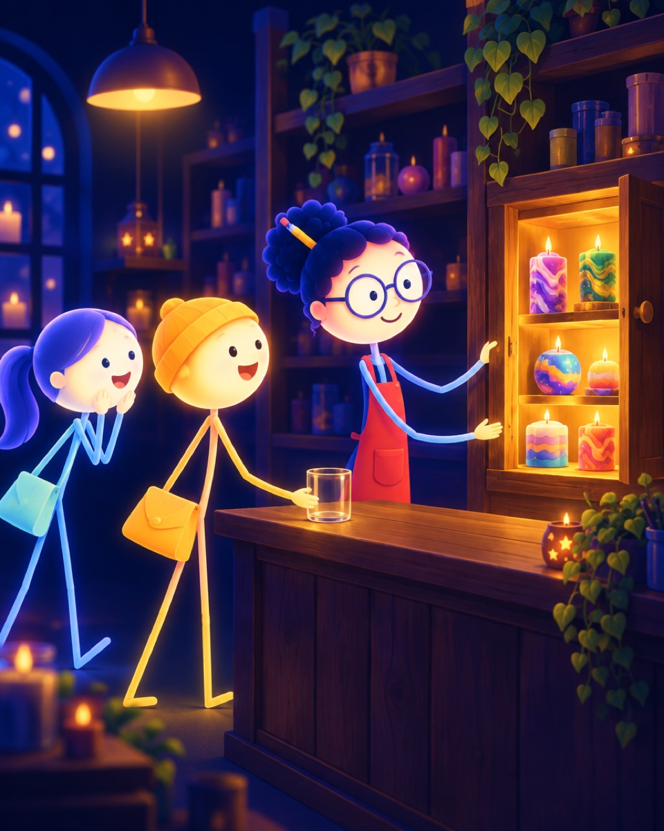 A customer sets an empty jar on the counter as Maria opens a hidden glowing cabinet of one-of-a-kind candles, and a first-timer looks on